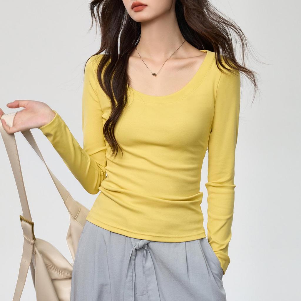 Damen gekämmte Baumwolle U-Ausschnitt Langarm Slim-Fit T-Shirt - Herbstmode, vielseitiges einfarbiges Oberteil