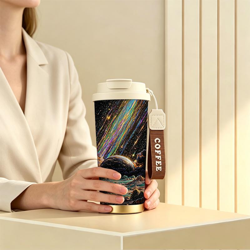 532ml Coffee Mug Meteor Planet Starry Sky Motif Commuter Coffee Cup Portable Travel Coffee Mug Strap Coffee Cup 304Steel Hot Cold Cup 532ml Coffee Mug
