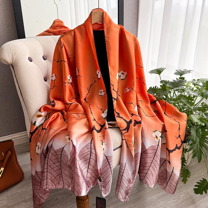 Summer Versatile Silk Scarf Premium Lijing Forging Long Scarf Travel Sunscreen Simulation Silk Flower Silk Scarf Women