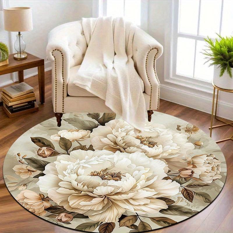 Elegant Peony Floral Round Rug Non-Slip Machine Washable Floor Mat 2D Flat Soft Area Rug for Living Room Bedroom Home Decor