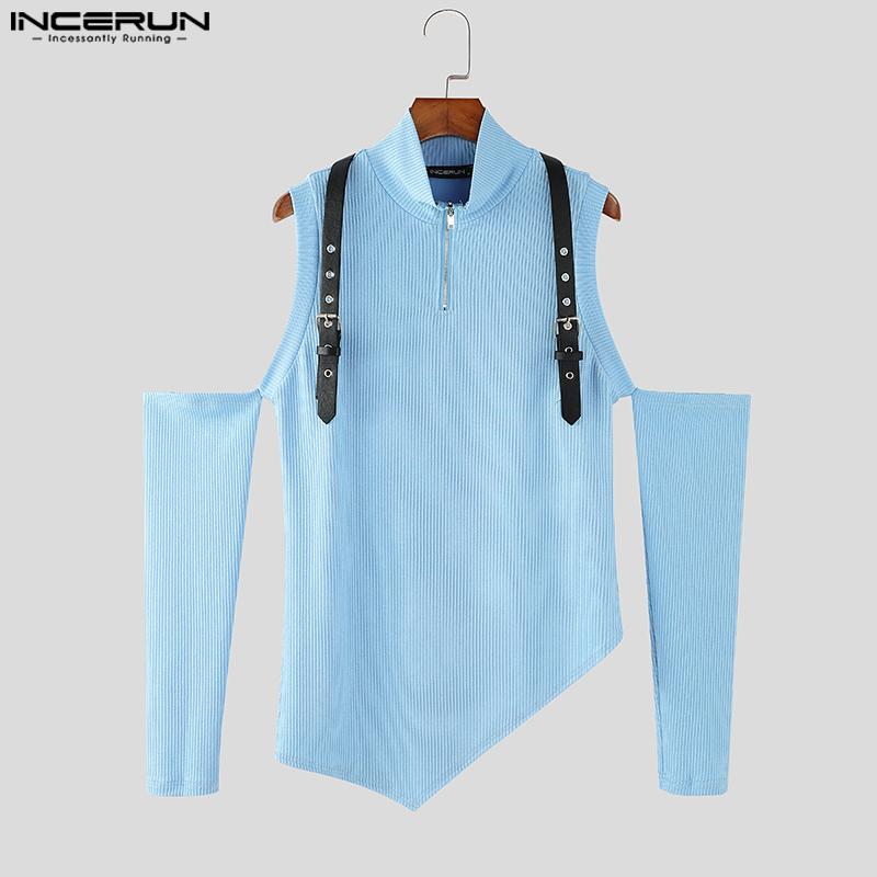 INCERUN Maglietta casual attillata irregolare con collo alto e spalle scoperte da uomo, con cerniera