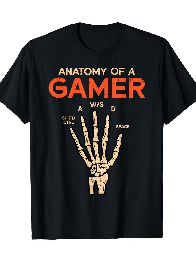 Gamer Anatomy Skeleton Hand WASD Keys Graphic Tee Mens Short Sleeve Crew Neck TShirt Casual Cotton