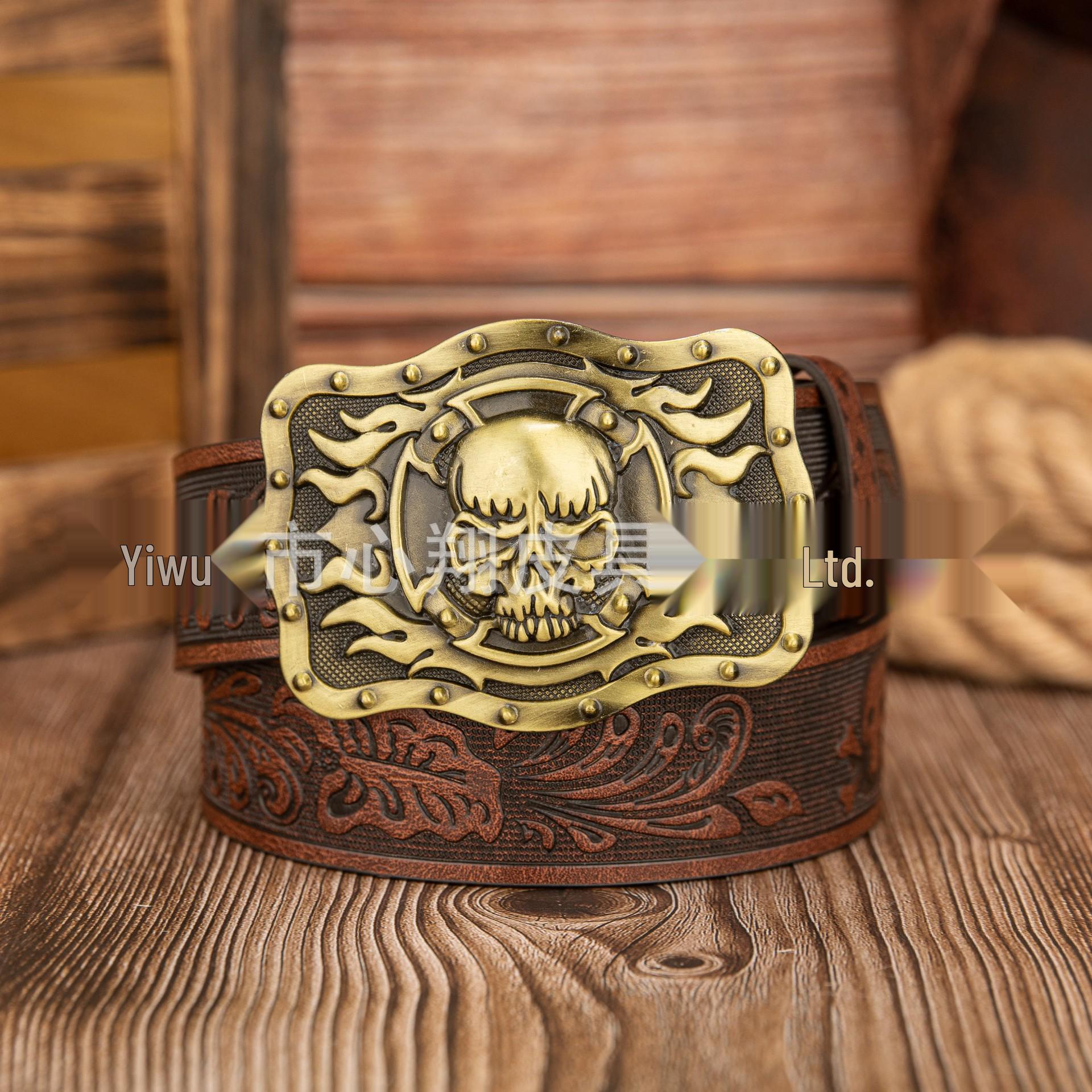 Men s Irregular Flame Skull Buckle Retro PU Leather Belt 120cm
