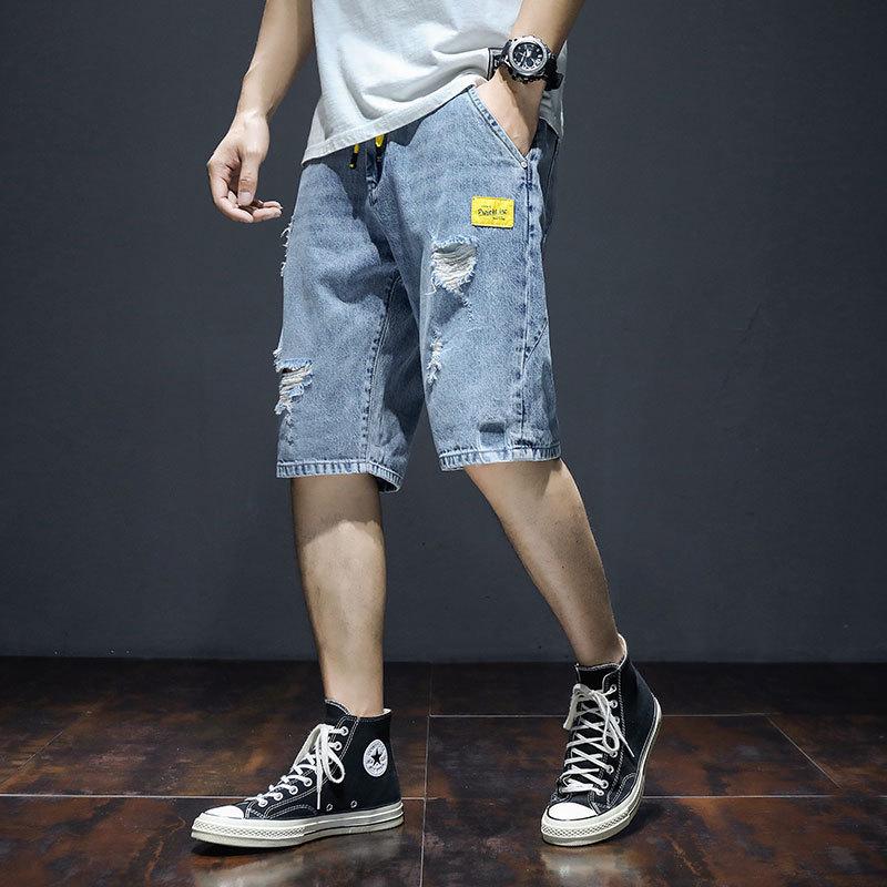 Men's Summer Korean-Style Ripped Denim Shorts - Thin, Loose, Straight, Casual Mid-Length Trendy Workwear.