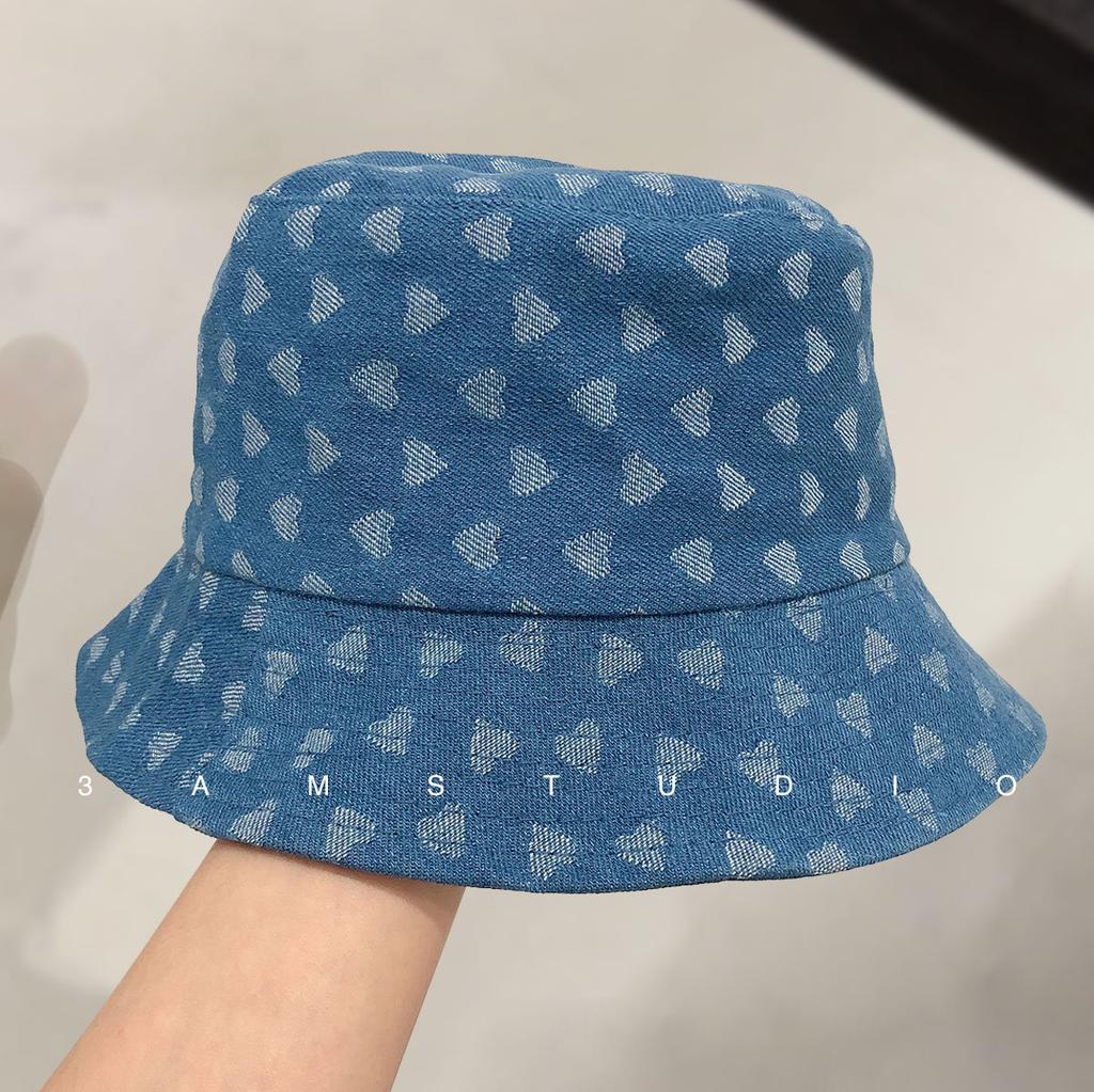 Spring and Autumn versatile hat women's love denim bucket hat thin casual double-sided sunshade basin hat