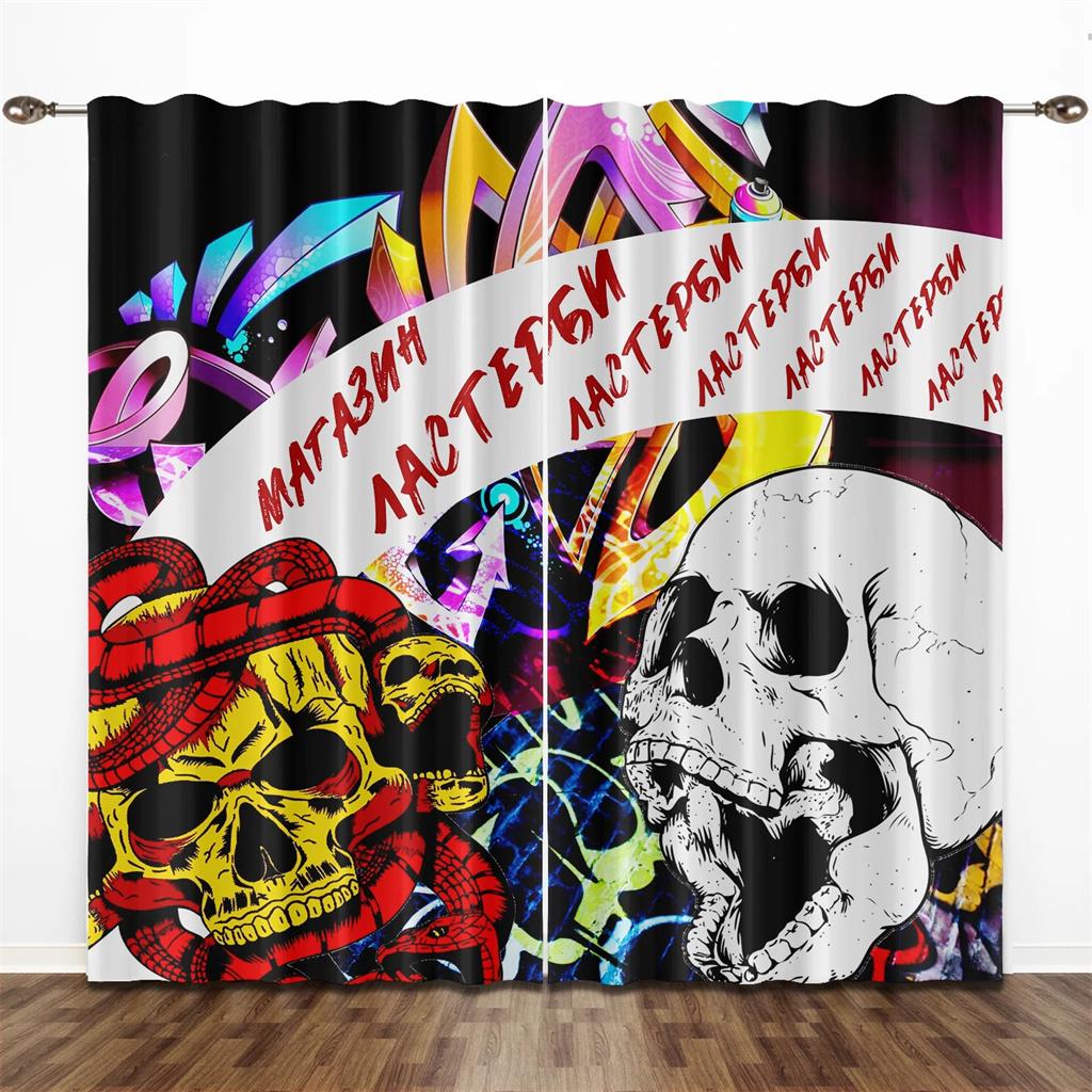 King Punk Couple Gothic Horror Female Skull Dead Rose Drapes Light Filtering Window Curtains for Living Room Bedroom 2 Pieces