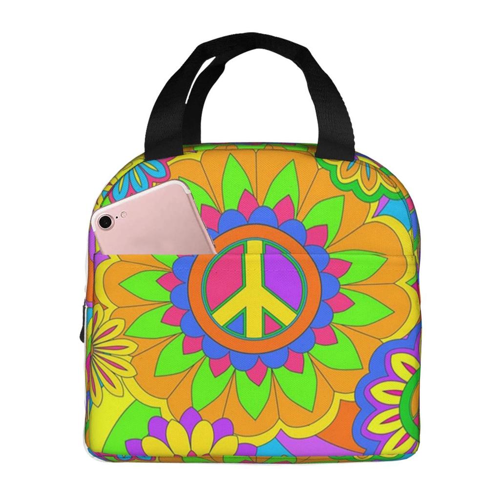 Hippie Colorful Flower Insulated Lunch Bag for Kids School Cooler Thermal Food Box Tote Portable Lunch Boxes Container