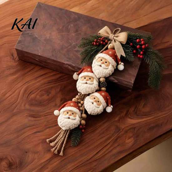 Christmas Tree Hanging Accents Santa Claus Ornament, 2D Flat Decoration, Rustic Wood Ornaments Wall Sign with Pine Branches & Berries for Holiday Home