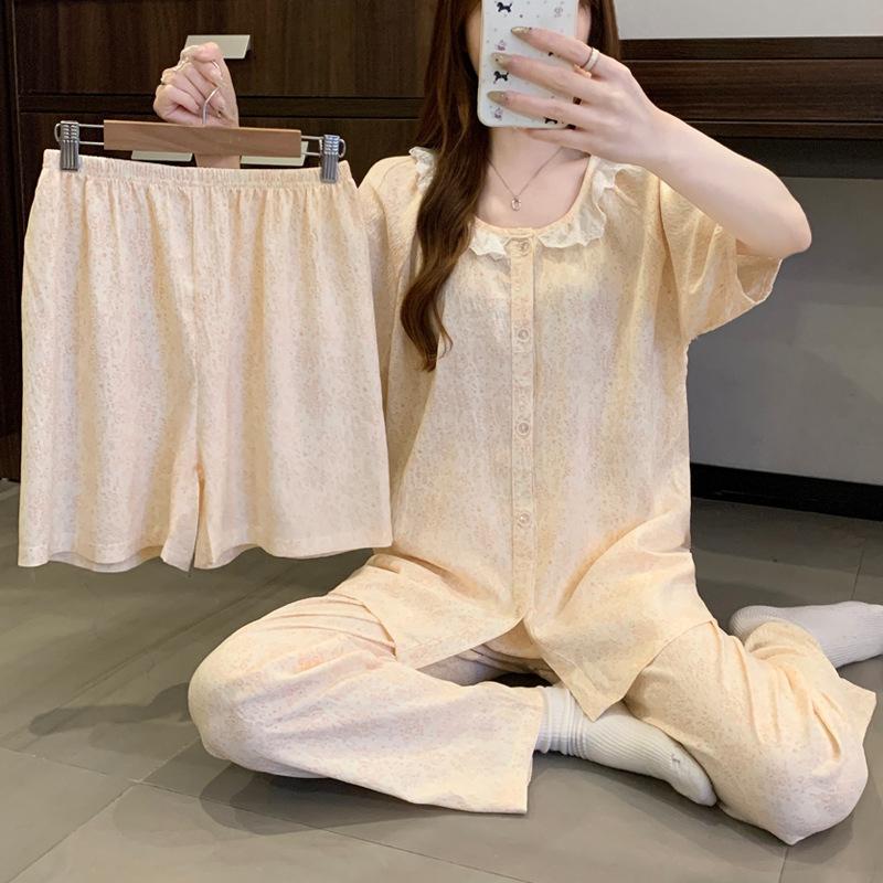 Cute Lace Round Neck Floral Short-Sleeved Pajamas Women'S Summer Pastoral Cloud Cotton Loungewear Three-Piece Set