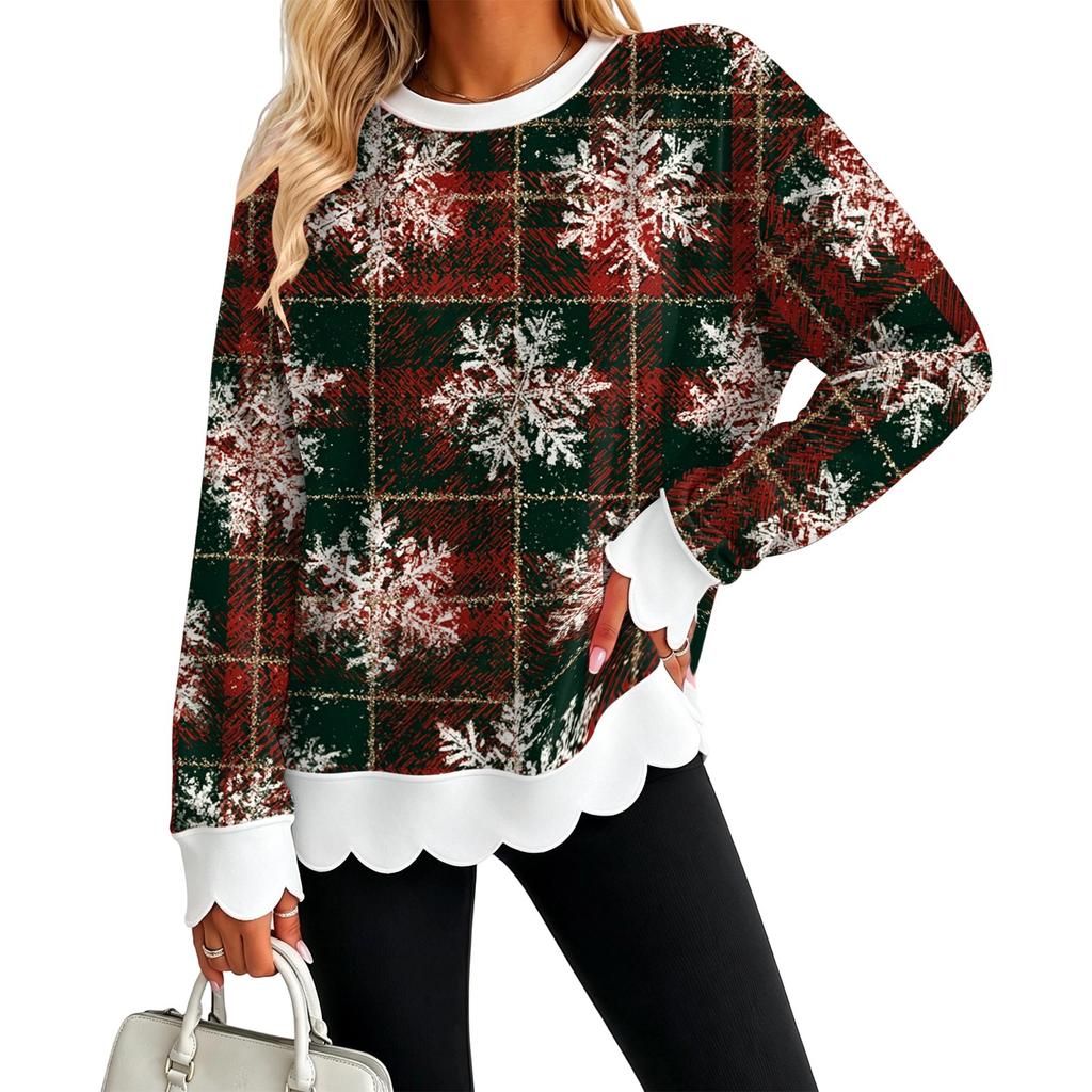 Women's Christmas Print Sweatshirt with Scalloped Wavy Hem and Neck for Holiday