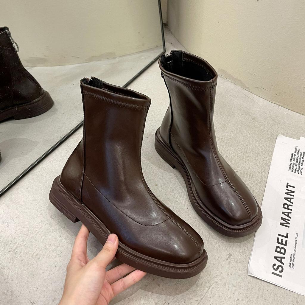 Martin boots spring and autumn new flat bottom round head thin boots with skirt short boots women