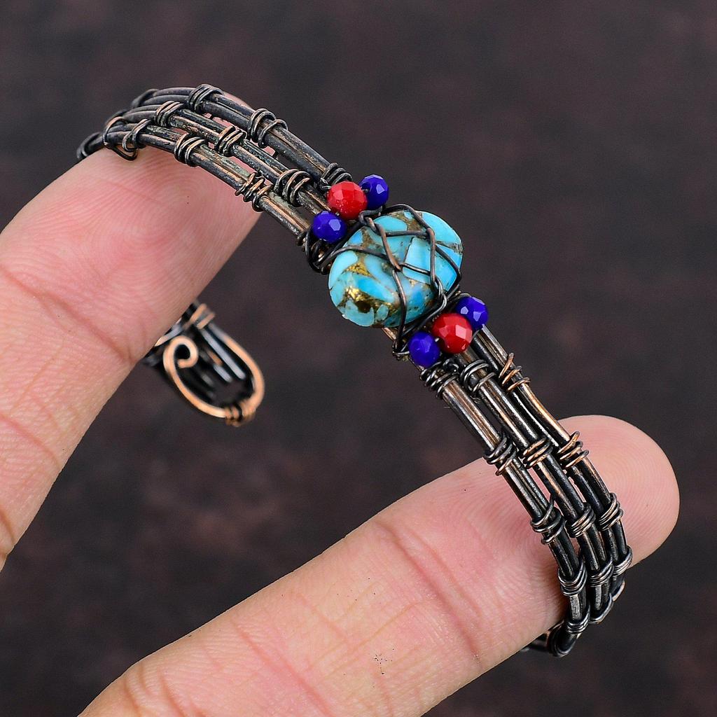 Copper Blue Turquoise Cuff Bracelet Lapis Lazuli & Red Coral Beads Bangle Copper Wire Wrapped Jewelry Adjustable Cuff Bangle Gemstone Bangle