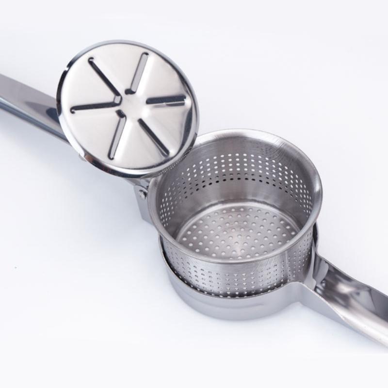Manual Kitchen Juicers Press With Long Handle, Perforated Strainer Basket, and Steel Construction for Home Food Preparation