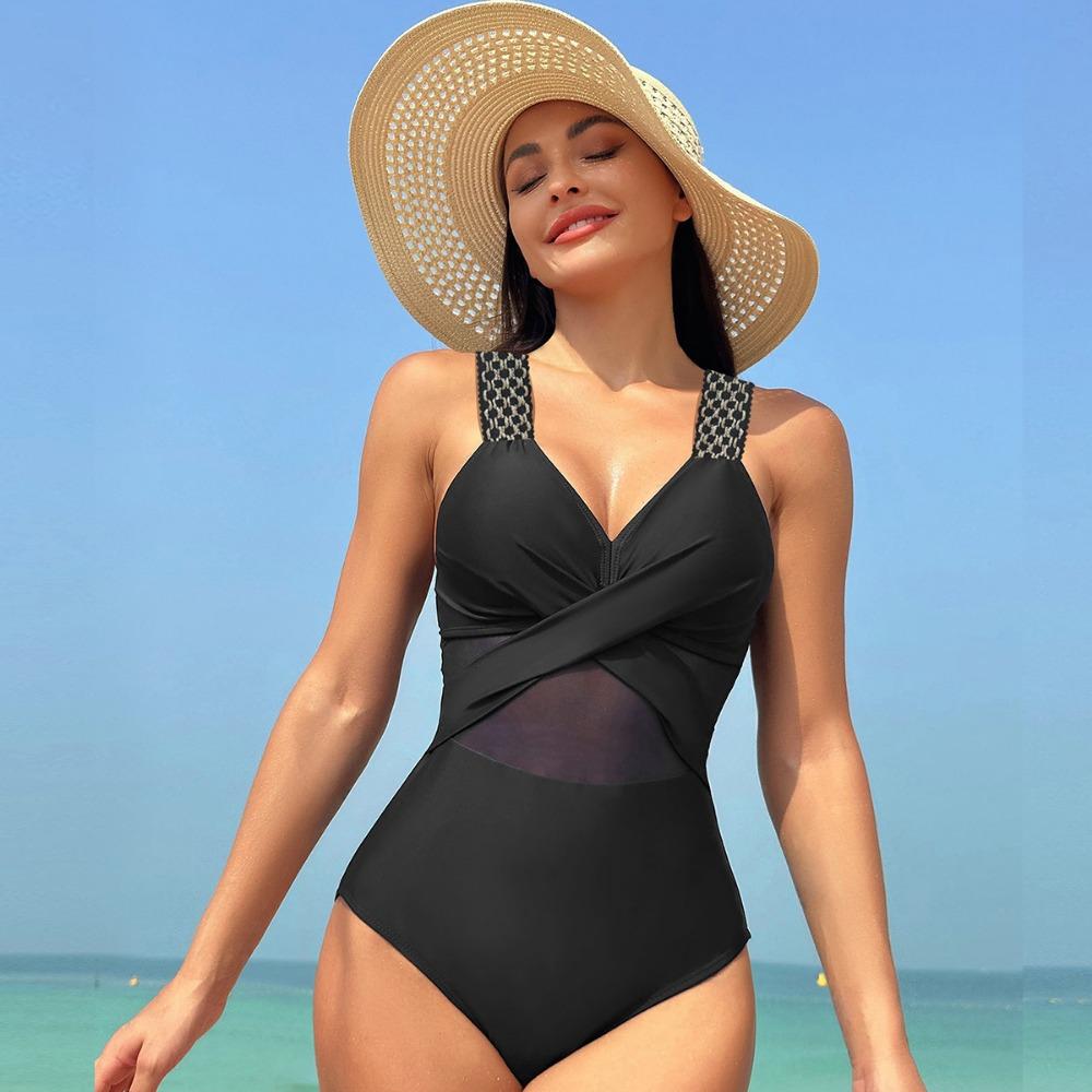 European and American One-piece Swimsuit Women's Solid Color Mesh Bikini Swimwear