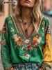 Women's Bohemian V-Neck Casual Vintage Top Long Sleeve Ethnic Style