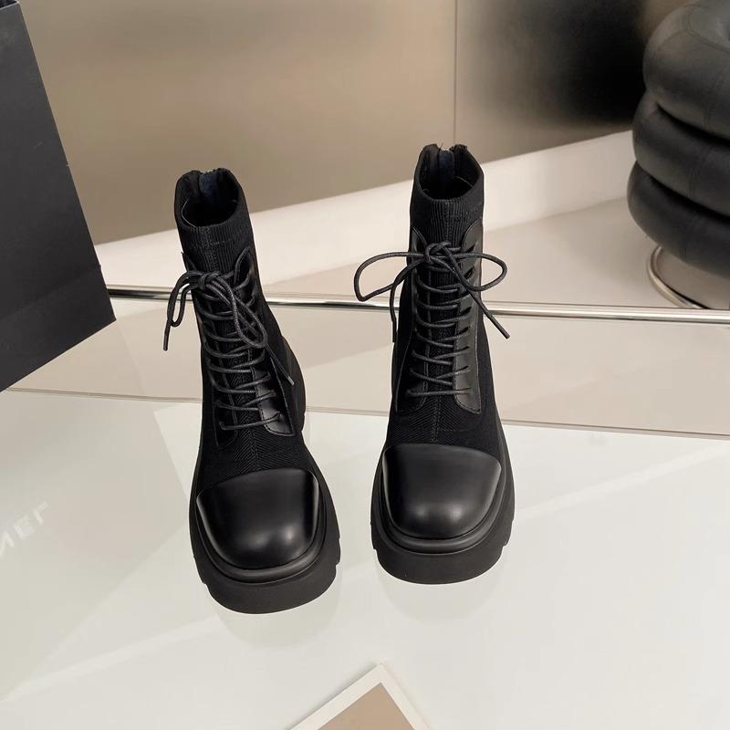 Round Head Fly-woven Martin Boots 2025 Autumn Korean Version of the New Thick-soled Thick-heeled Lace-up Small Short Boots Temperament Women's Thin Bo