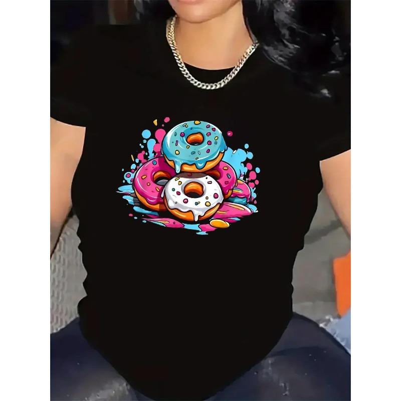Short Sleeve T-Shirt with Colorful Donut Print, Made of Durable Cotton Fiber, Lightweight and Comfortable for Casual Wear in Kitchen
