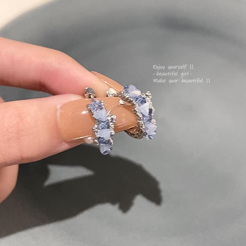 Korean Style Blue Crystal Ear Clips for Women - Trendy, High-End Earrings