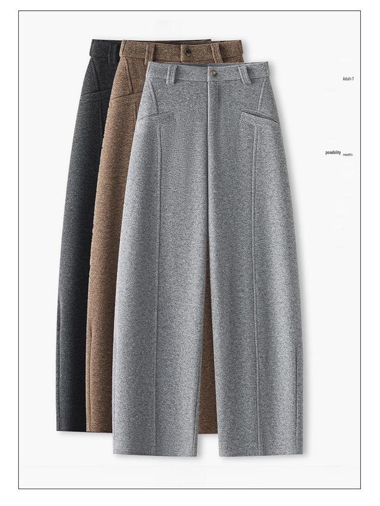 Women's Gray Wool Tweed Wide-Leg Cropped Pants with Velvet Lining - Autumn/Winter New Style