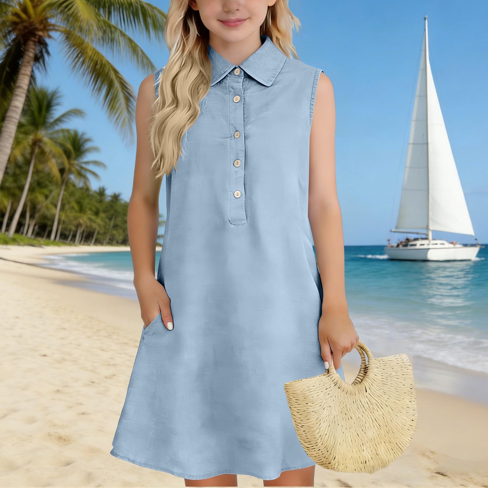 

Girls Casual Dress Kids Fashion Sleeveless Loose Dress 100 синий