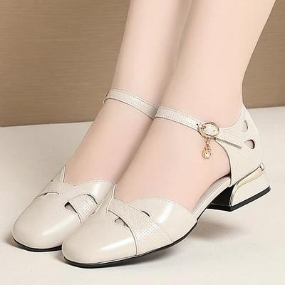 All Season Breathable Comfortable Cutout Genuine Leather Shoes Spring Summer 2025 Flat Square Heels Shoes Black for Office Mom