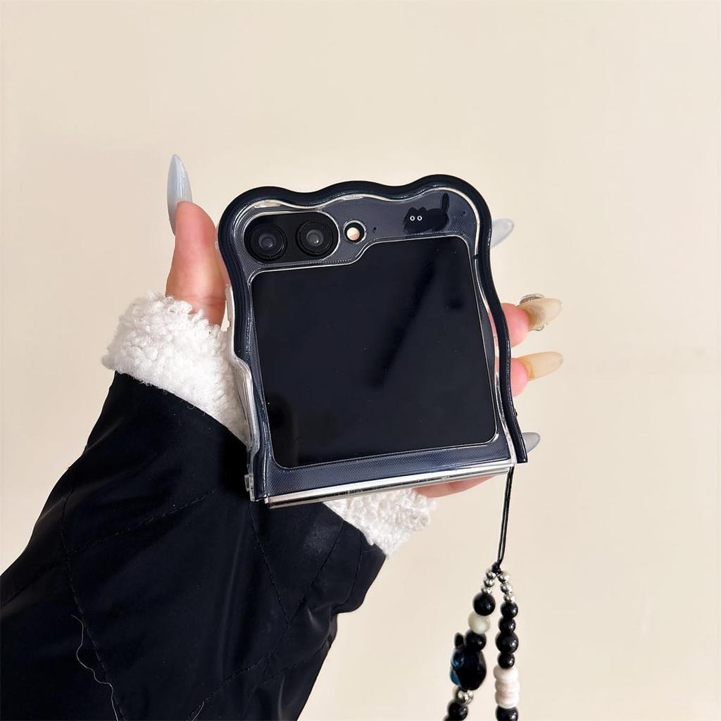 For Samsung Galaxy Z Flip5/6 Cover,Cartoon Black Cats Pattern Clear Fold Phone Cover with Key Chain for Women Girls,Cute Galaxy Z Flip 6 Case (Z Flip