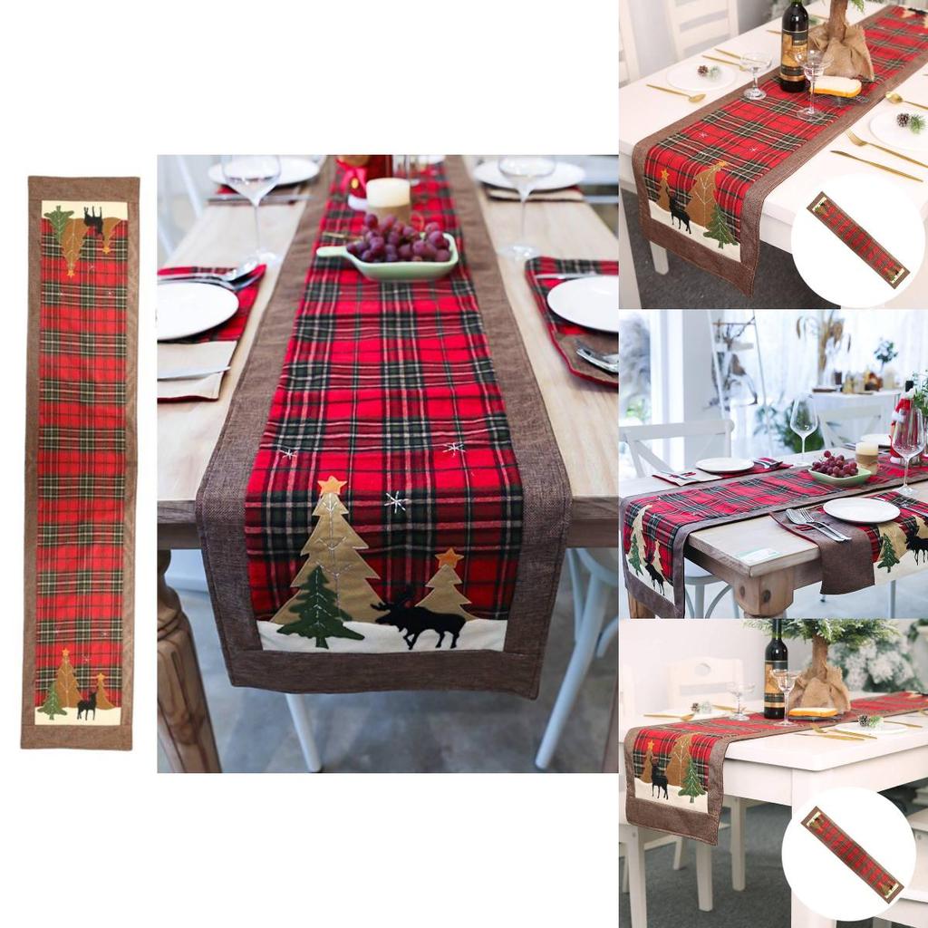 Charming Christmas Table Flag Stylish Plaid Fabric Embroidered Table Decor For Holiday Gatherings