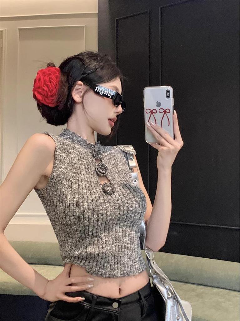 2025 Spring/Summer Hong Kong Style Spicy Girl 3D Floral Hollow Cropped Slim Vest Trendy Knitwear