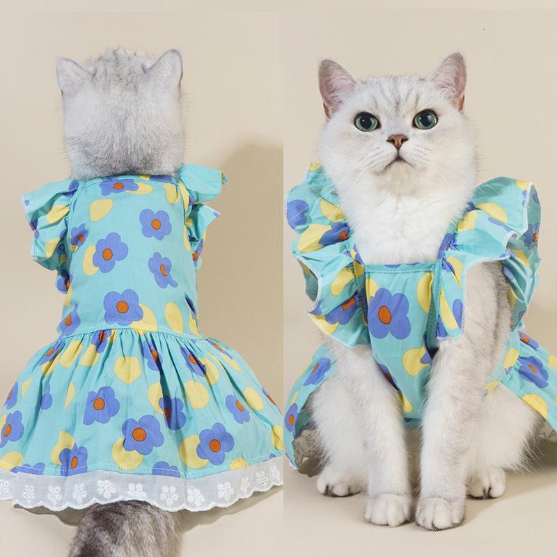Spring and Summer Breathable Cat Clothing Dog Clothing Pet Cotton Floral Suspender Dress Comfortable Mesh Dress Formal Dress
