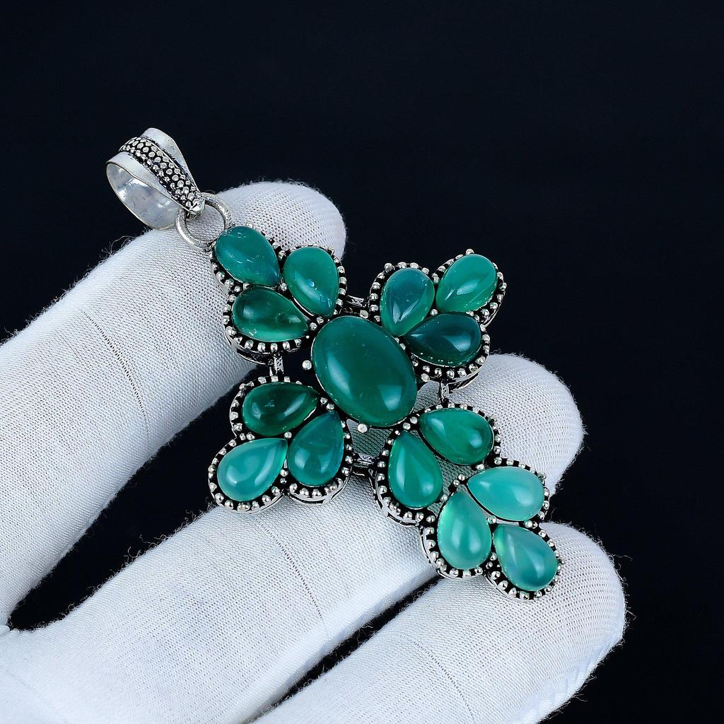 Green Onyx Cross Pendant, 925 Sterling Silver Handmade Jewelry, Green Onyx Silver Pendant, Party Wear Jewelry For Women's, Pendant Party Wear Gift