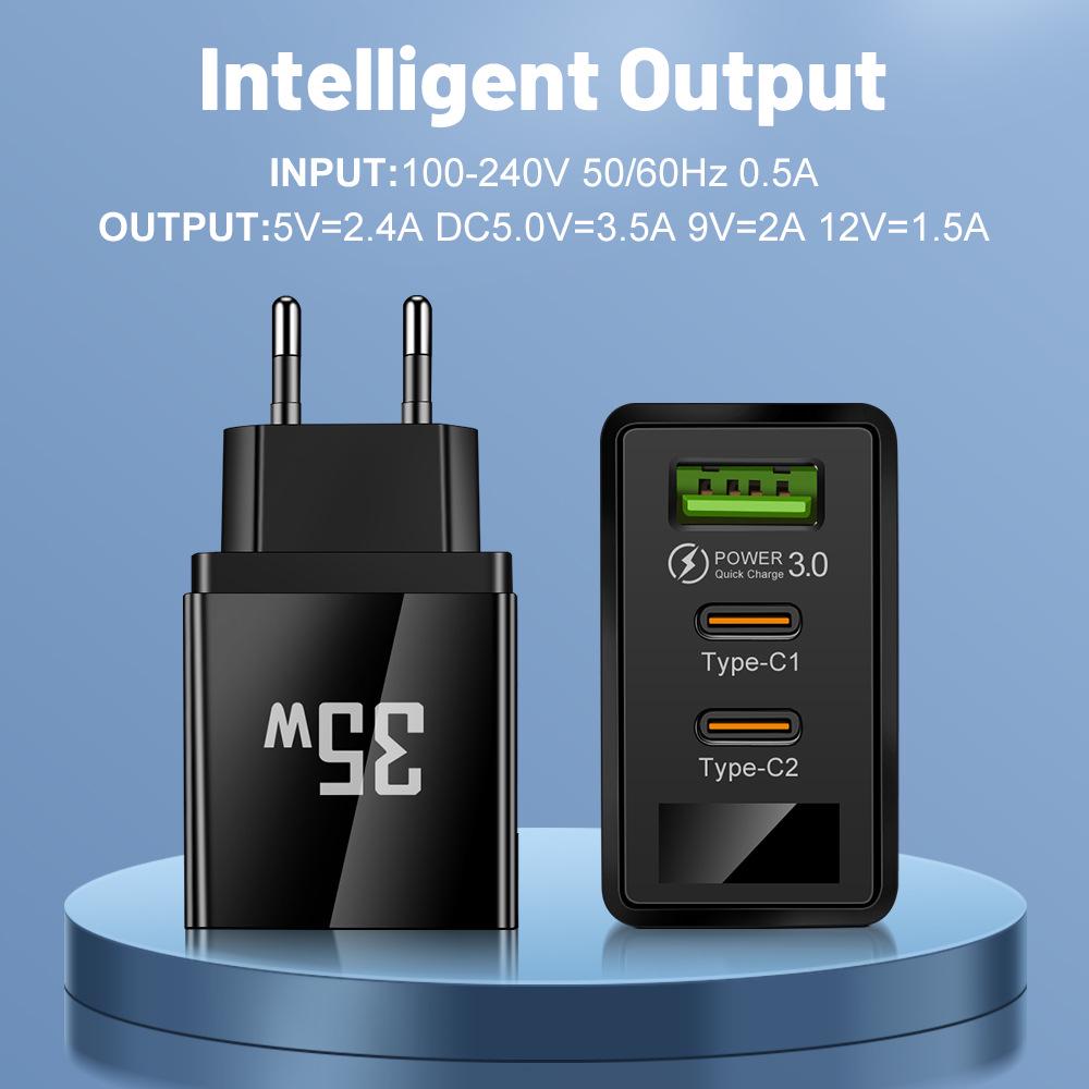 3.5A Smart USB + 2PD Digital Display Travel Charger for Mobile Phones