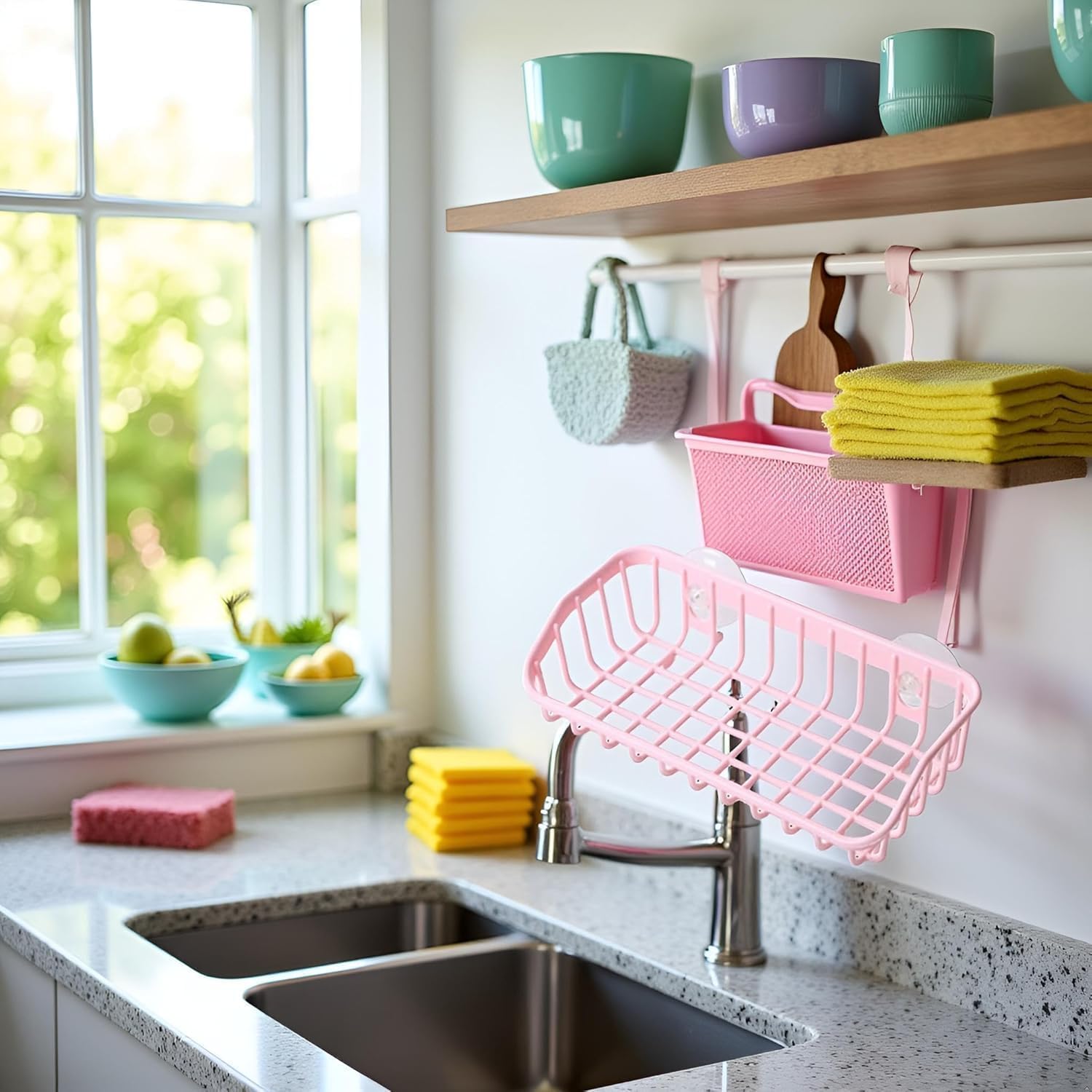 Calsgkspray Pink Multifunctional Drain Rack,Hanging Storage Rack Drain Rack Sink Shelf Suction Cup Dishwashing Soap Sponge Holder for Kitchen