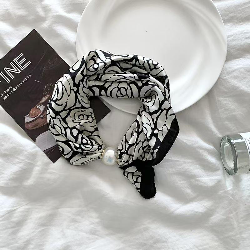 Frühling Sommer Dünne Perlen Seiden Schals Magnetischer Verschluss Fauler Schal Damen Mädchen Süß Elegant Anhänger Schlüsselbein Kette Halstuch