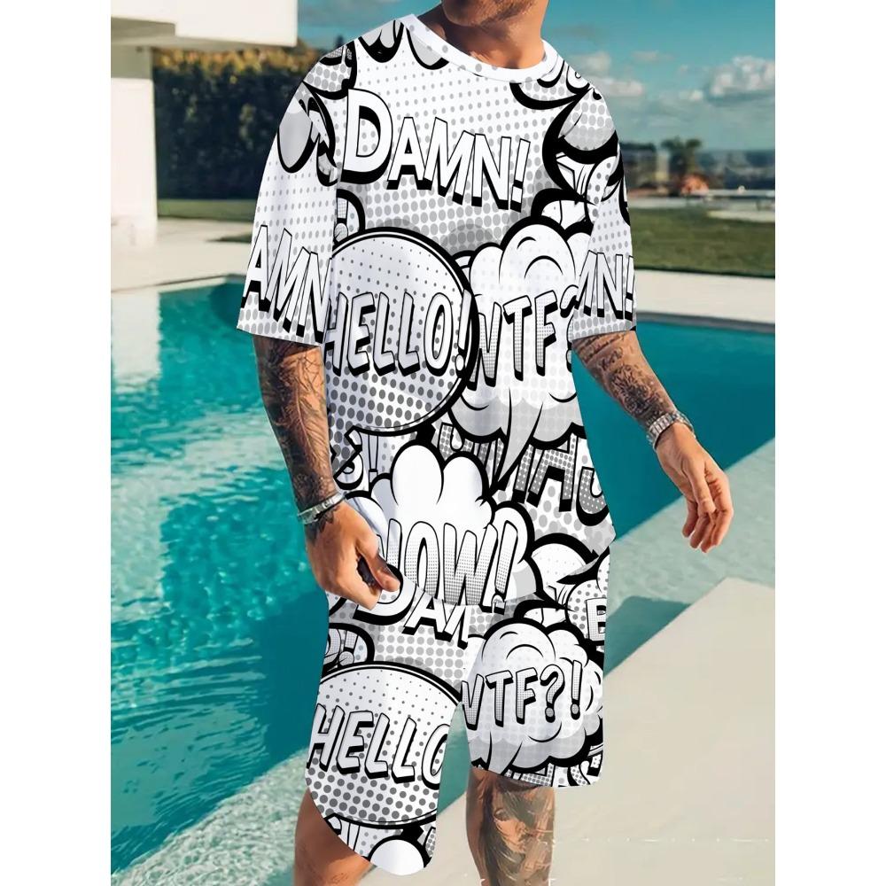 

Summer Men s 2-Piece Personalized Letter-3D Printed Pattern Round-Neck T-shirt And Solid-Color Drawstring Shorts XS