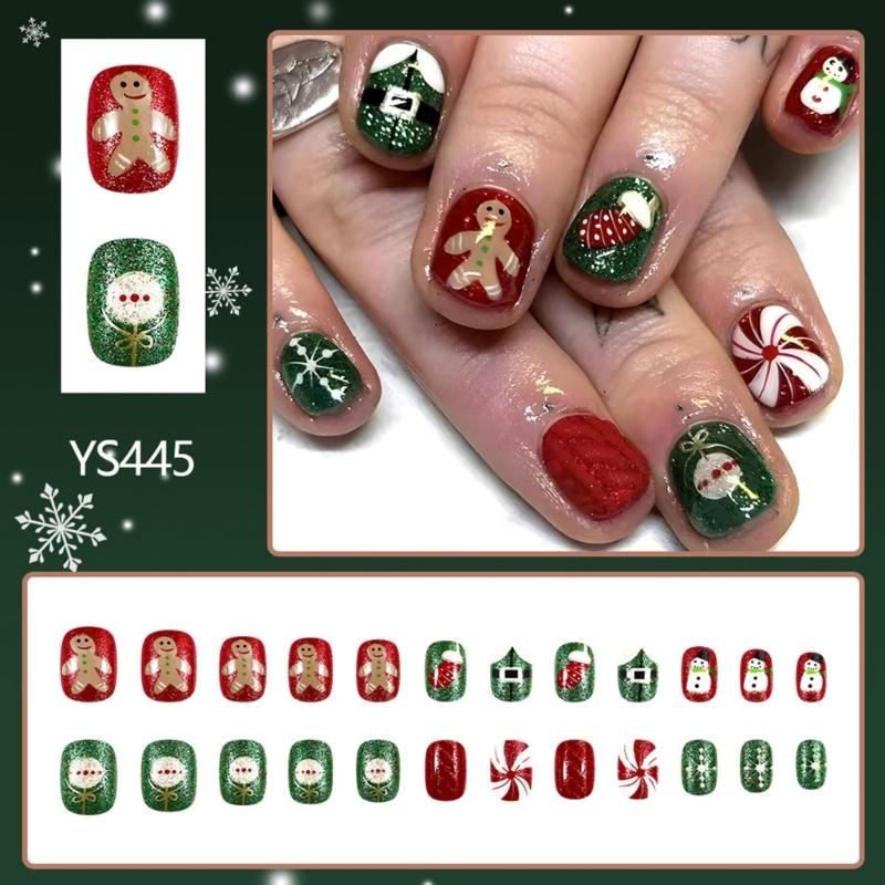 24 Pcs Christmas Press On Nail Short Round Full Cover False Nail Christmas Gift Stick on Nail Glittering Acrylic Nail