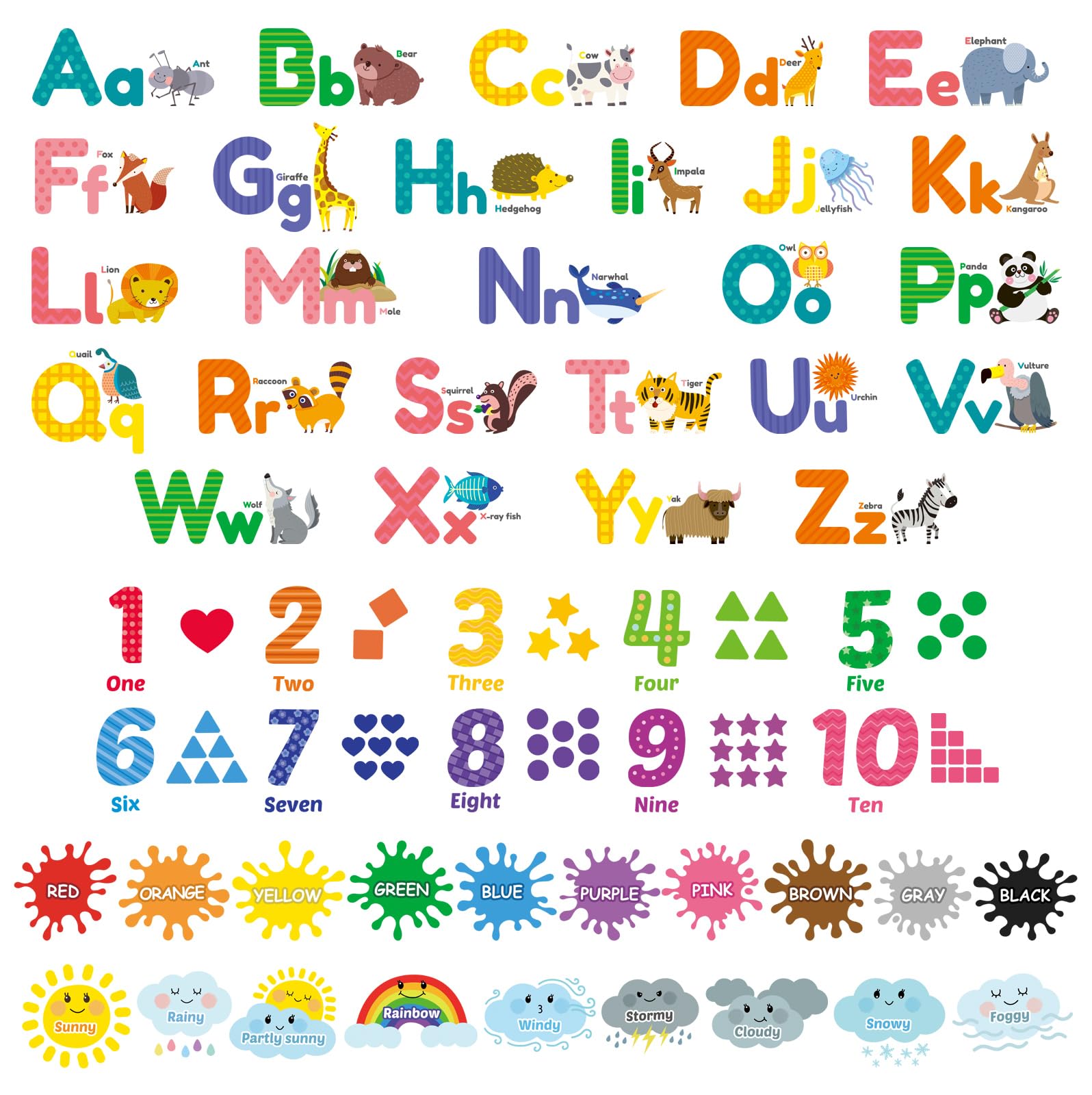 DECOWALL Animal Alphabet Numbers Colors Weather Wall Stickers for Kids Wall Transfer Wall Art Stickers for Bathroom Living Kitchen DS12-8070N