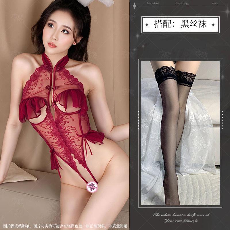 Sex underwear sexy onesie women's lace temptation cheongsam hollow open small chest uniform