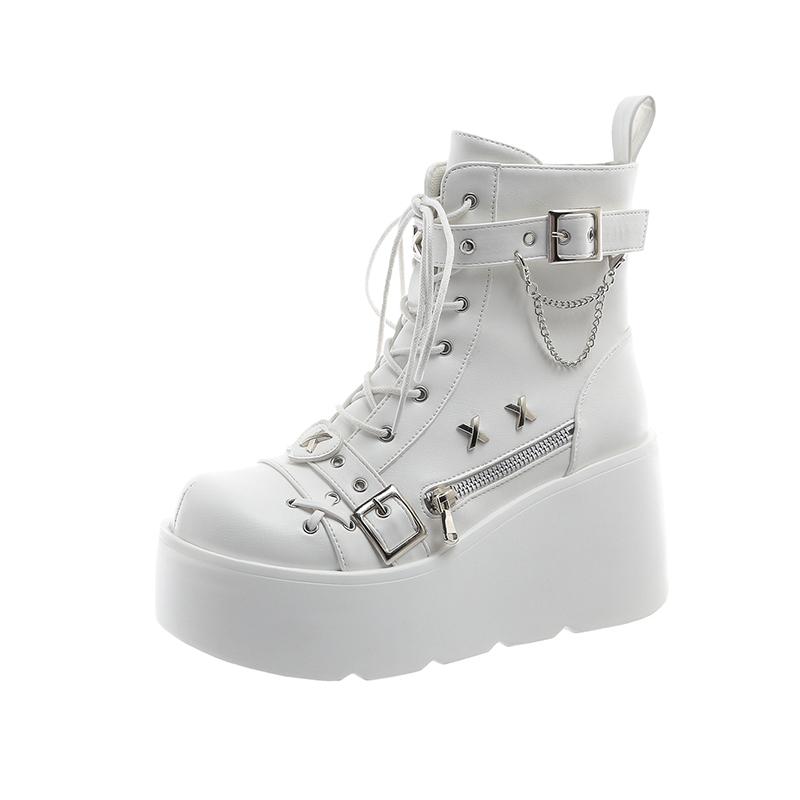 New Winter High Heels Women'S Round Head Front Lacing Side Zipper Rivet Thick Soled Non-Slip Mid-Calf Boots