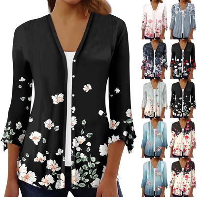 Damesmode Losse Casual Bedrukte Zevendelige Mouw Knoopjes Blouse Cardigan Top