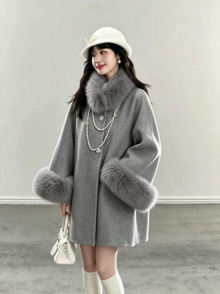 French Heiress Woolen Coat: Women's Autumn/Winter Fur Collar Loose Fit with Real Fox Fur