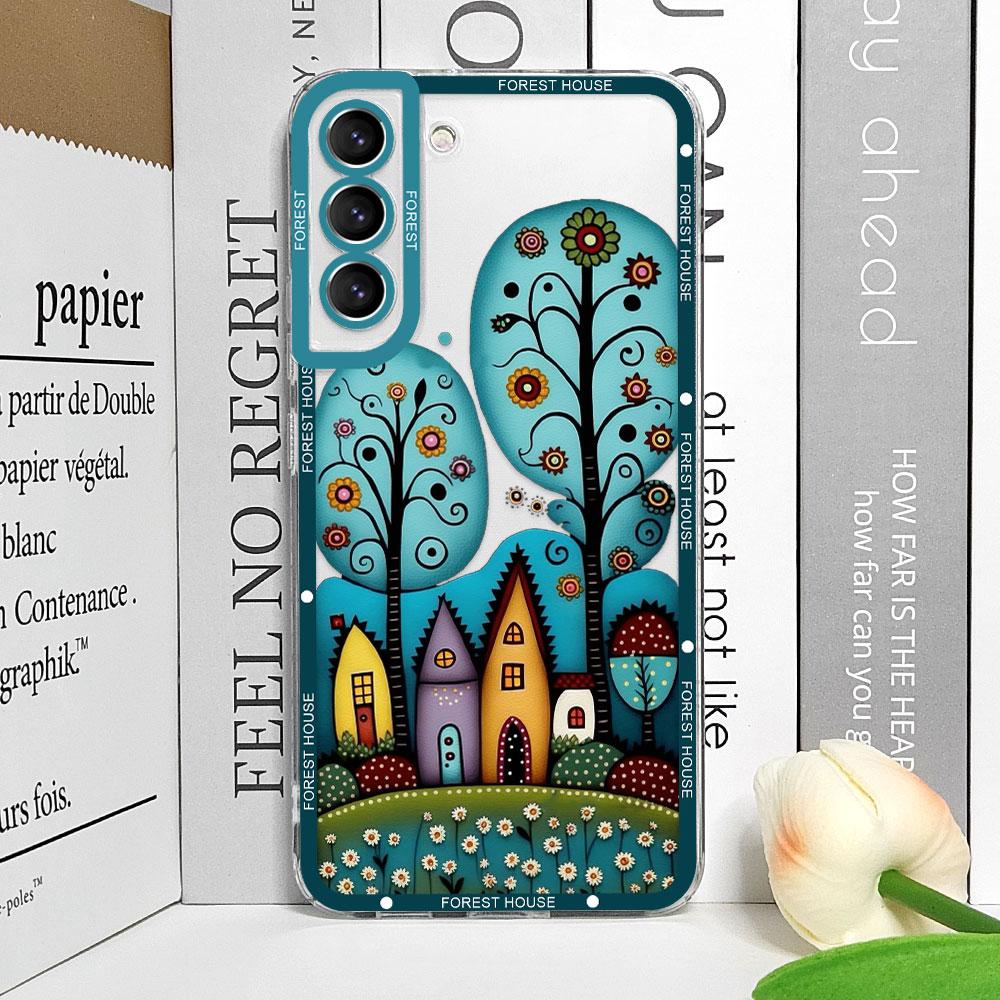 Hand Painted Forest House Clear Phone Case for Samsung A55 A54 A53 A51 A70 A32 A31 A22 A13 4G 5G Soft Cover Aesthetic Art Fundas