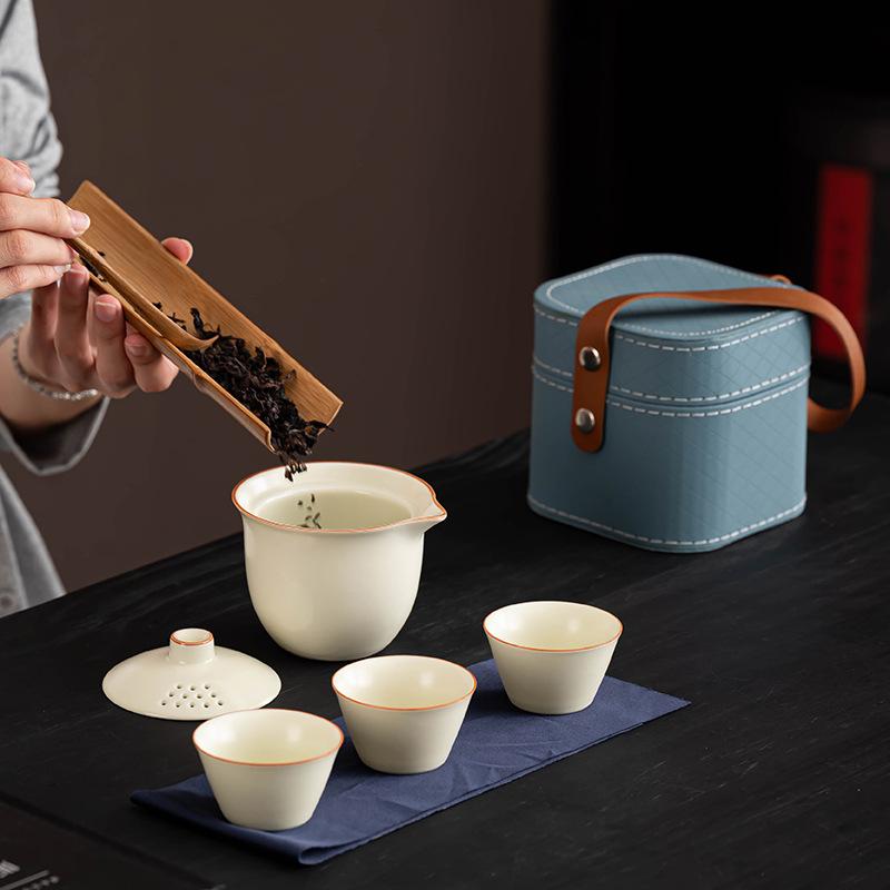 Ru Kiln High-grade Qingyun Travel Tea Set, Portable Storage Bag Cover Bowl, One Pot and Three Cups of Outdoor Tea Set