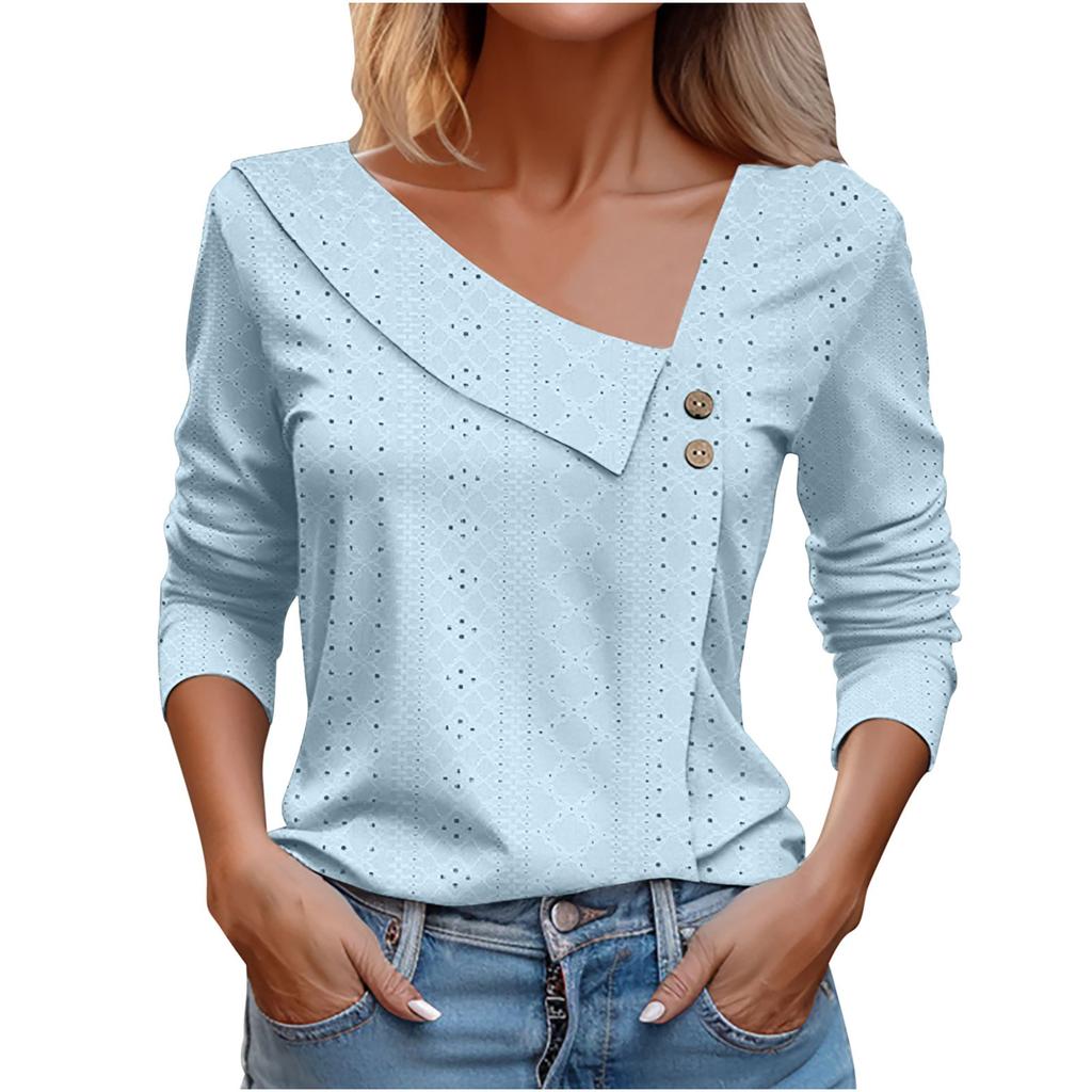 Women's Fashion V-Neck Button-Up Long-Sleeve T-Shirt Casual Solid-Color Top