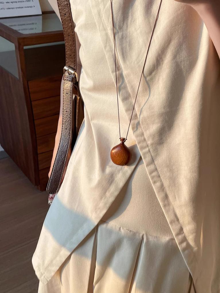 Collana a Perline con Fiaschetta in Legno Naturale Etnica per Donna Catena Lunga Regolabile Gioiello con Ciondolo per Maglione