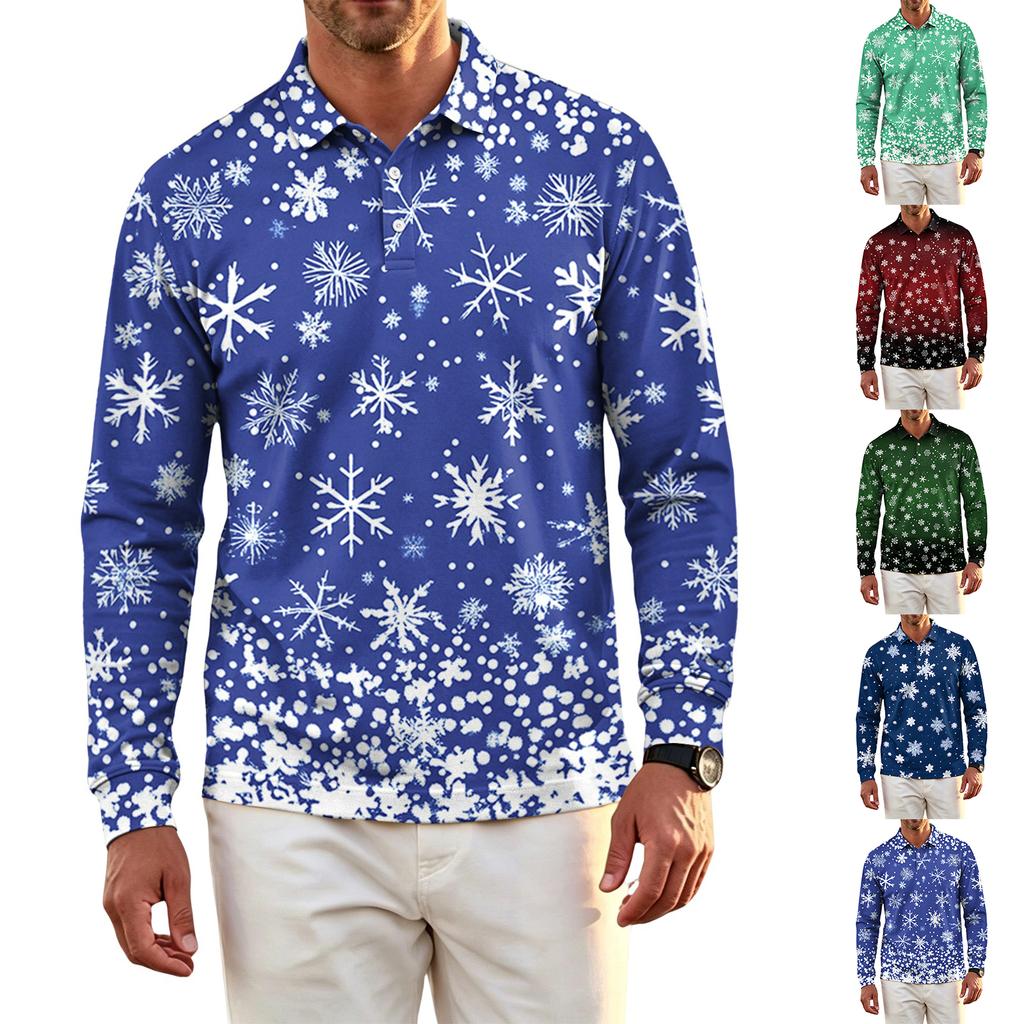 Men's Golf Shirt Long Sleeve Casual Christmas Print Quick-Dry Mesh Top