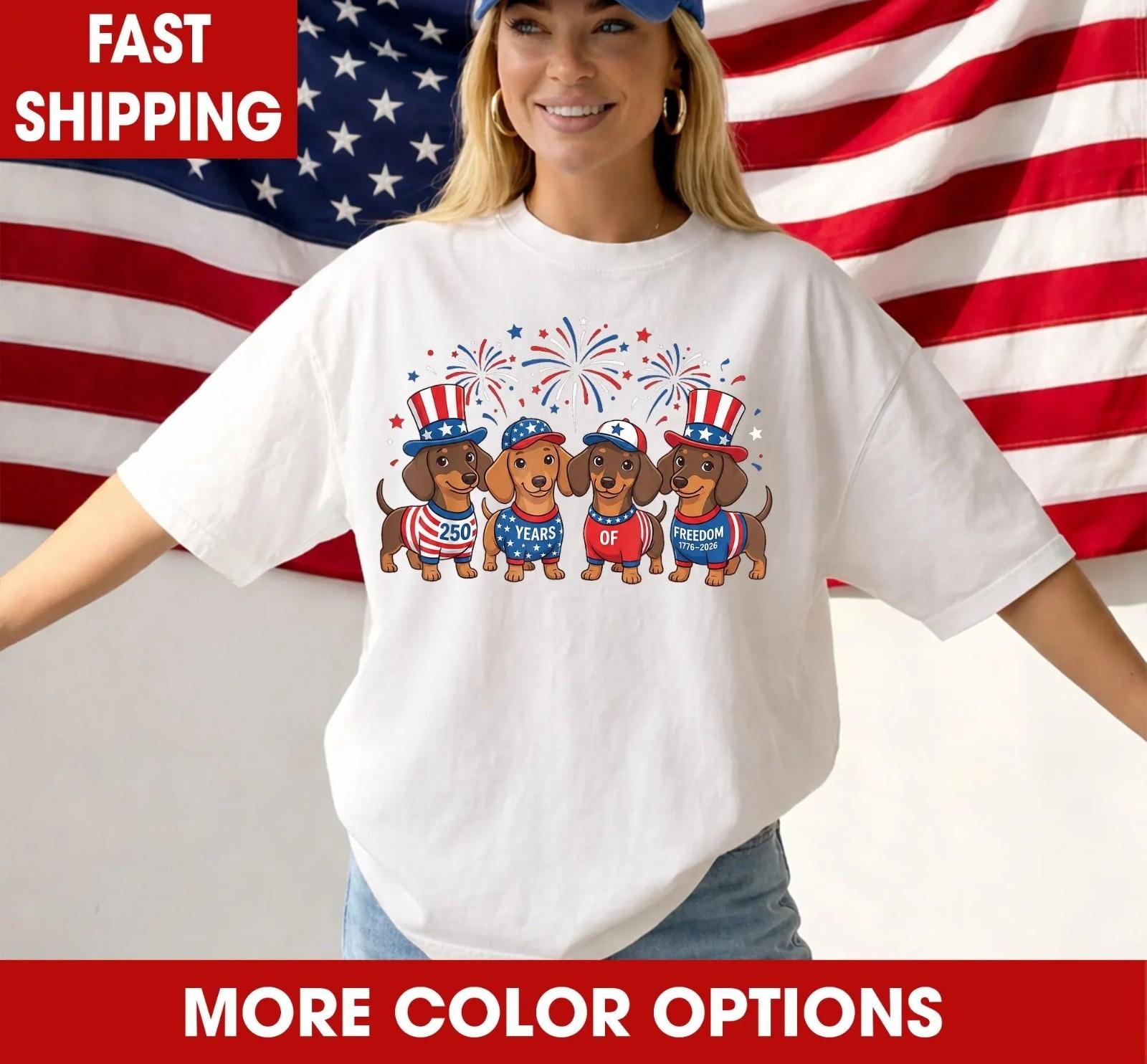 250th Anniversary USA Dachshund Shirt, 4th of July Dog T-Shirt L