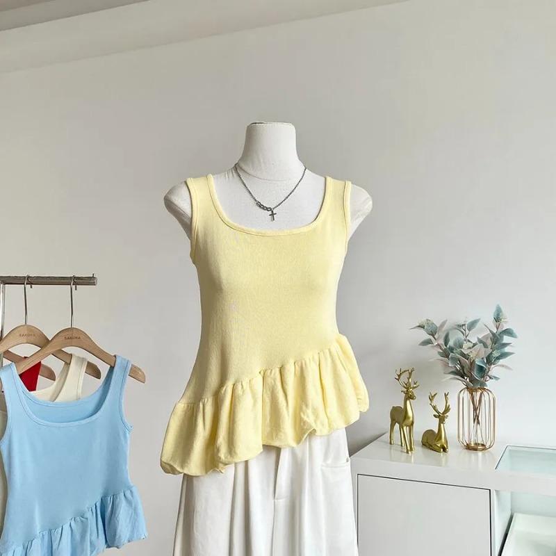 Женский светло-голубой ребристый топ-майка без рукавов с пеплумом, повседневный OneSize жёлтый