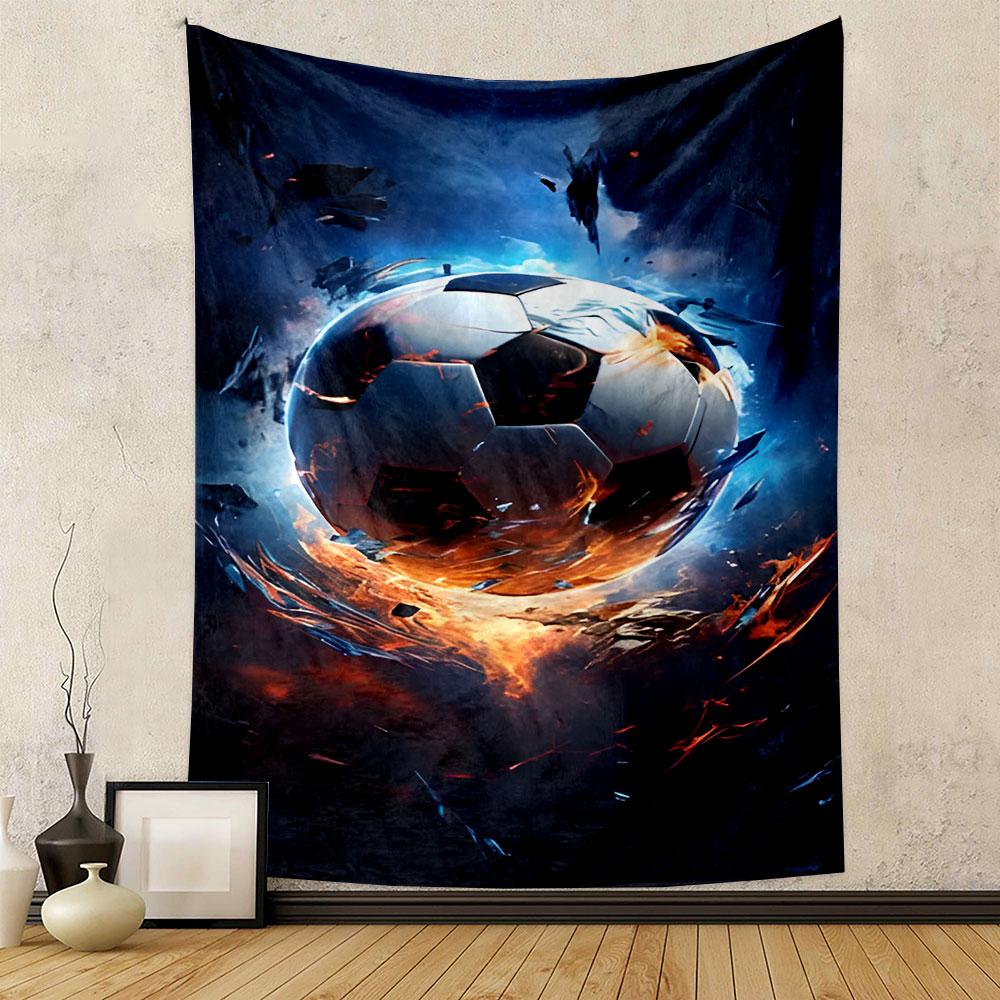 "Fiery Soccer Ball in Action Scene" Patterned tapestry home decor, suitable for bedroom and living room, gift