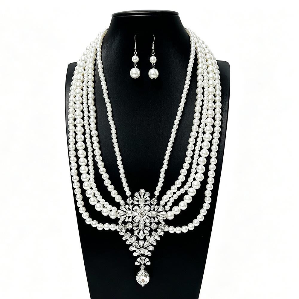 Elegant French Alloy and Glass Pearl Necklace & Earring Set for Weddings, Parties, and Birthdays