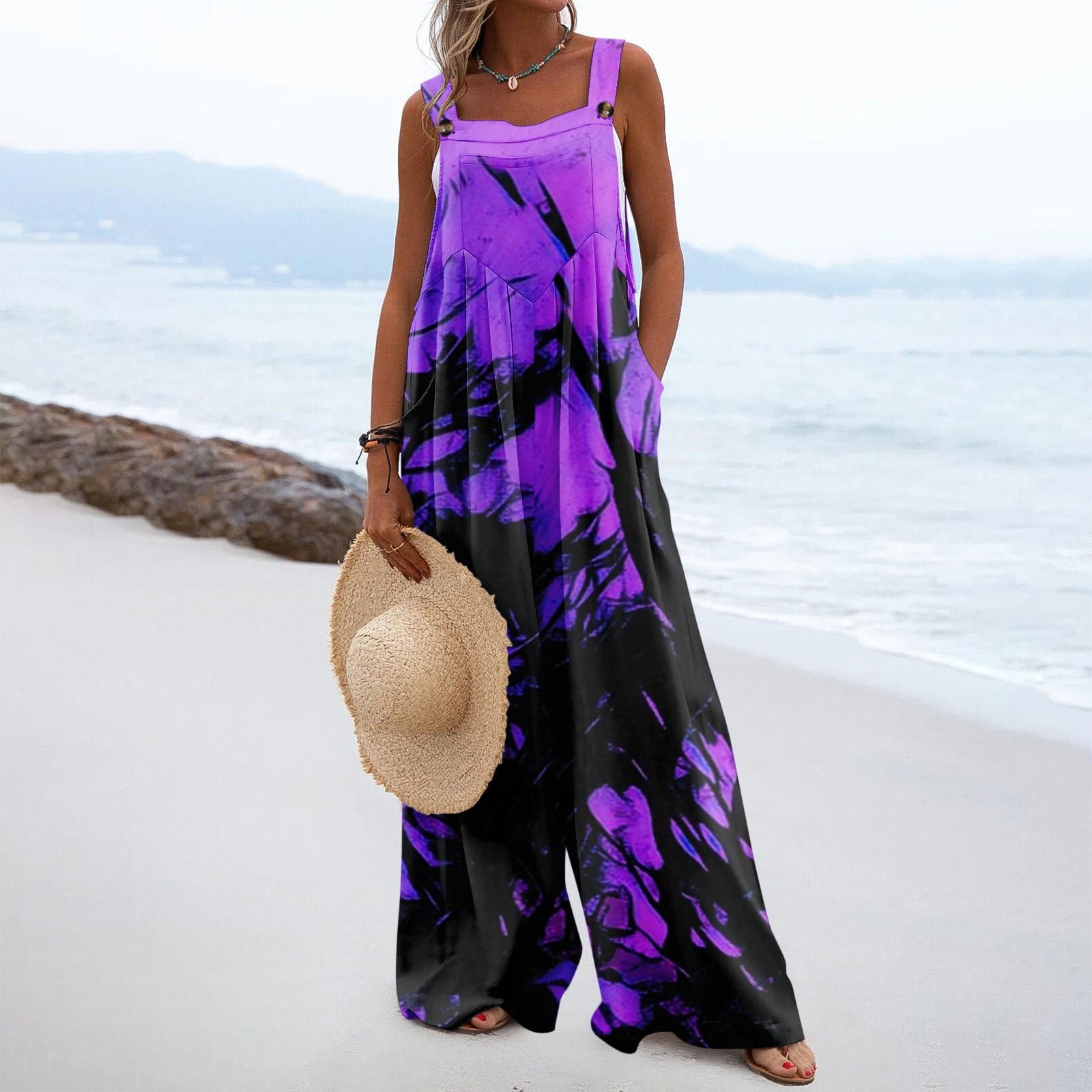 

Женские комбинезоны, повседневные комбинезоны с широкими штанинами и принтом, комбинезоны без рукавов с карманами, наряды XXL фиолетовый